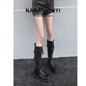 women knee high <b>boots</b> chunky platform sole round toe side zipper cross strap buckle design fashion casual <b>boots</b> for autumn - Product Image 2