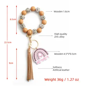 New Wood Beads Bracelet Wooden Keychain Leather Tassel Wristlet Keychains