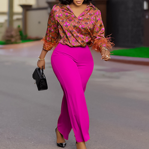 Printed Patchwork Three Quarter Sleeve Shirt Elegant Wide Leg <b>Pants</b> Women's 2 Piece Set Fashion - Product Image 4