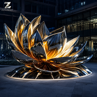 Sculpture de lotus en acier inoxydable poli miroir avec éclairage LED pour hôtel, jardin, villa, cour, place publique, aménagement paysager