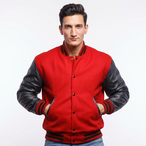 Ventes en gros de vestes universitaires pour hommes 2025 avec logo personnalisé, en laine rouge et manches en PU noir, veste de baseball Letterman pour hommes - Product Image 1