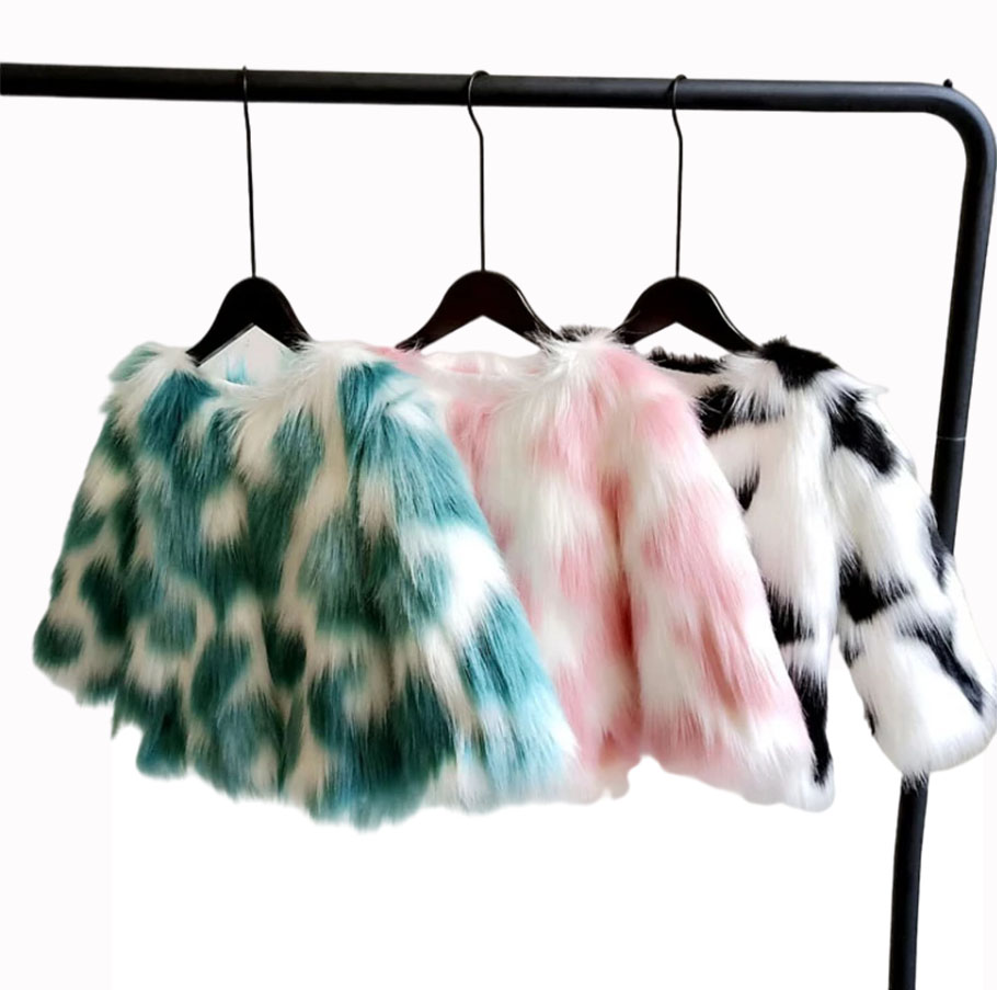 Free Shipping Autumn Children's Fashion Warm Jacket Girls Boujee Fur Coats Toddler Baby Black and White Cow Colorful Coat