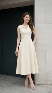 Robe midi crème pour femme, prête à être expédiée, sans manches, col chemise, coupe ajustée, style A, pour le bureau, vêtements de travail, best-seller - Product Image 4