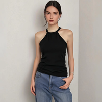 Débardeur Camisole Noir d'Été à Col Halter et Lacets pour Femme, 92% Coton/8% Spandex, Tissu en Fil Peigné, Sexy, pour Club, Couche de Base