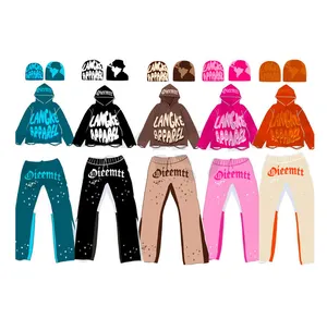 Trainings anzug Trainings anzug benutzer definierte Puff Print Crop Top Hoodie und Flare Jogging hose Set Sweat Jogger gestapelte Hosen Trainings anzug Set für Männer