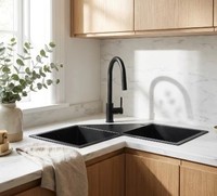 Évier de cuisine d'angle noir nano en acier inoxydable 304, double, encastré, fait main, moderne, pour maison, hôtel, vente en gros, OEM, ODM