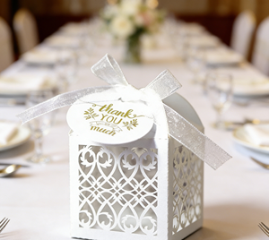 <b>White</b> Hollow Out Favor <b>Box</b> Made Of Pearlescent Cardboard With Laser Engraving And Organza Ribbon Fresh - Product Image 2