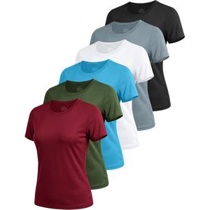 T-shirts de sport pour femmes à manches courtes, séchage rapide, coupe ajustée, col rond, pour tennis, yoga, course à pied, couleur unie, polyester - Product Image 1