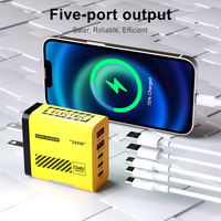 Chargeur USB C 240W Total, 3 ports USB C, 2 ports USB A, 5 ports PD avec câble rétractable pour ordinateur portable, tablette, téléphone, écouteurs, OEM