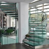 Escalier courbé sur mesure réglable avec rampes en bois, verre, aluminium, acier au carbone, acier inoxydable - Villa moderne haut de gamme, hôtel, résistance à la rouille