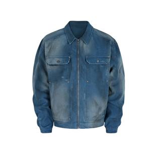 Wholesale Casual High Quality 14OZ Denim Street Style Men's Zipper <b>Jacket</b> Faded Washed Distressed Loose Fit Stain <b>Spray</b> <b>Jacket</b> - Product Image 1