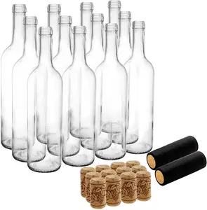 Botol kaca gabus 750ml, botol kaca bening dengan 12 gabus dan kapsul pengecil PVC, botol kosong bagian bawah datar untuk minuman keras