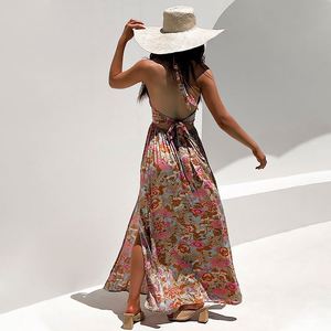 Relic Floral cuello en V Vestido Halter fuera de la manga Slip Slit Robe Bohemia Split Vestido largo Maxi Boho Beach para mujer Vestido de verano - Product Image 6