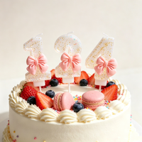 Bougie d'anniversaire rose scintillante chiffres 0-9, 7,2 cm, avec nœud 3D, pour gâteau, décoration de fête d'anniversaire de princesse pour filles