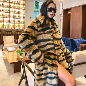 Winter Cozy Leopard Animal Print With Collar Faux Fur Coat Women Plush Mid-length Warm Coat Women thick Coat outwear