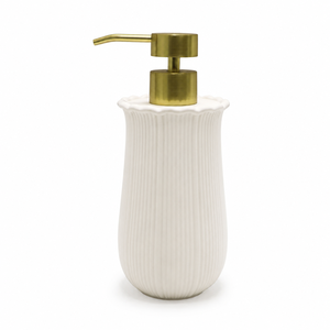 Ensemble de salle de bain élégant en céramique blanche côtelée 4 pièces, bord sculpté en forme de pétale, finition caoutchoutée mate : distributeur de savon/lotion, porte-savon, gobelet - Product Image 5