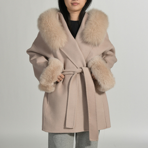 Jxwatcher Abrigos de Lana <span class=keywords><strong>Vintage</strong></span> Personalizados al por Mayor, Abrigo de Cachemira para Mujer con Capucha y Cuello de Piel de Zorro Auténtica, con Puños de Piel - Product Image 6