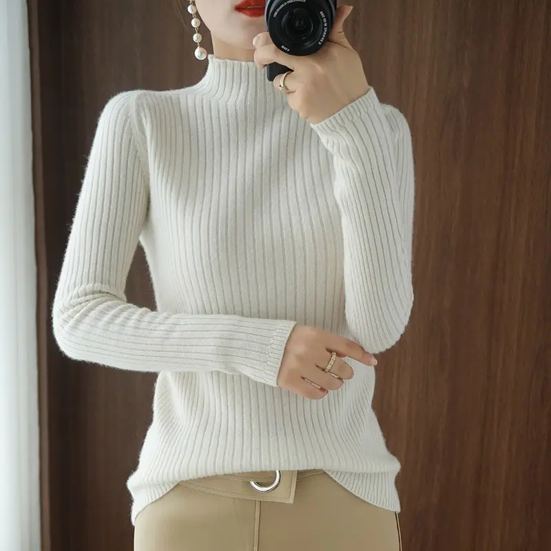 Winter Woman Long Sleeved Loose Knitted Sweater O-Neck Pullover Half Turtleneck Knitted Sweater
