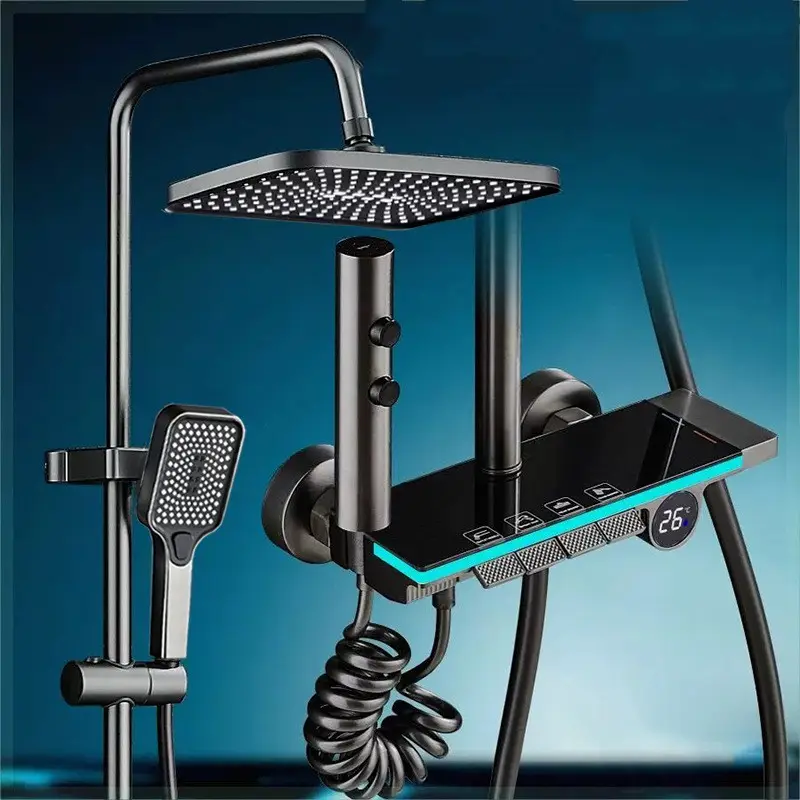 Luxury Piano Digital Shower System Solid Brass Bathroom Faucet Hot Cold Bathroom Fixture LED Grey Thermostatic Shower Set