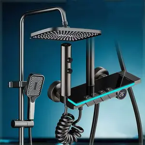 Luxo Piano Digital Shower System Latão Sólido Banheiro Torneira Quente Banheiro Frio Luminária LED Cinza Conjunto De Chuveiro Termostático