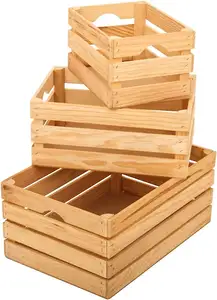 Grosir kustom logo kayu solid murah kotak peti buah dan sayuran kayu dengan pegangan