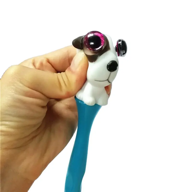 Cute 3d dog logo plastic ballpoint pens, glitter eyes popper squeeze animal pens