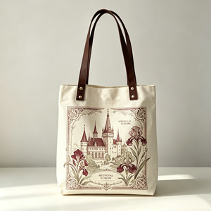 <span class=keywords><strong>Sac</strong></span> fourre-tout en toile personnalisé, imprimé floral <span class=keywords><strong>Iris</strong></span> Château d'Europe médiévale, crème et marron, avec sangle à rivets en PU, sacs de shopping vintage - Product Image 1