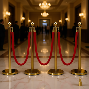DB Wholesale - Juego de 4 Postes de Acero Dorados de 38 Pulgadas con Cuerda de Terciopelo Rojo, Barreras para Control de Multitudes y Filas para Fiestas - Product Image 2