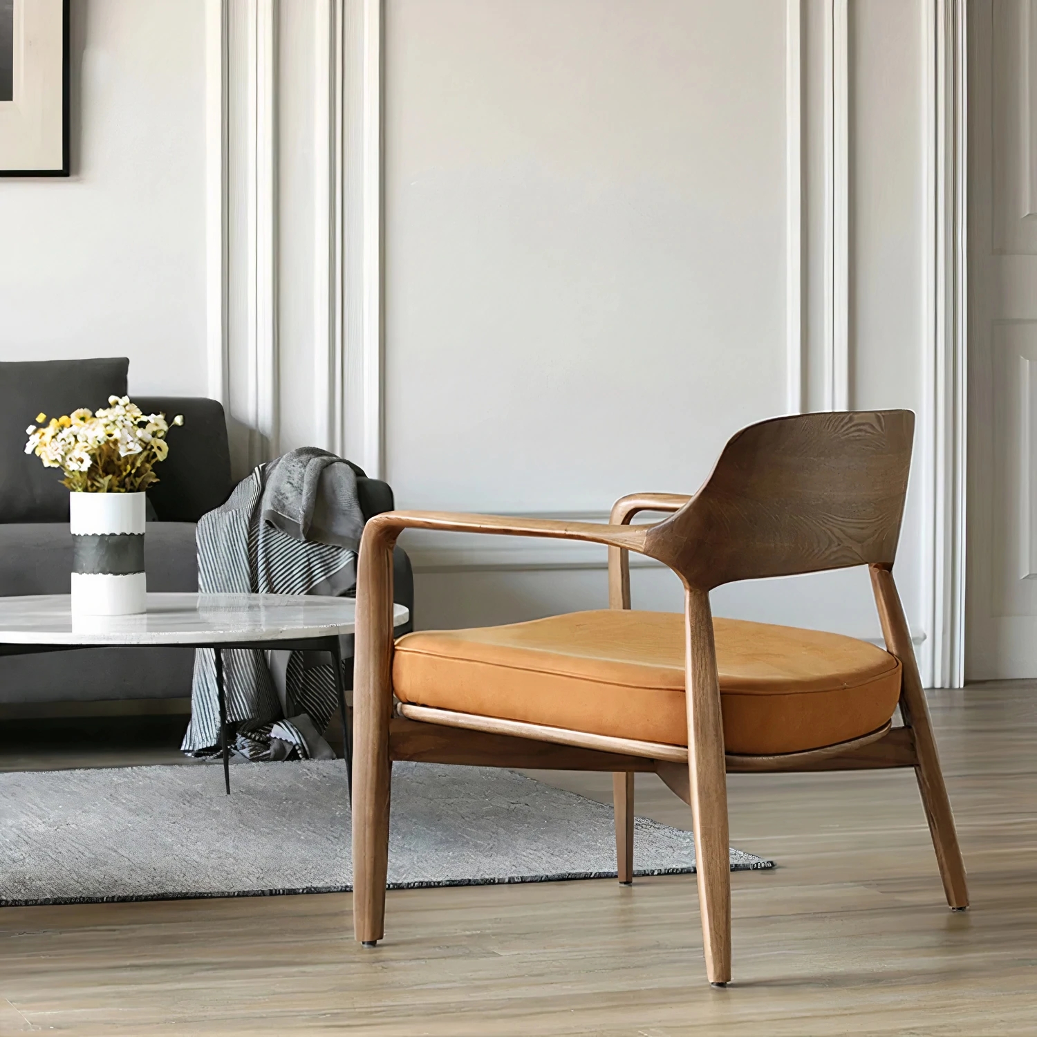 Wooden Base Unique Luxury Style Single Seat Leather Fabric Modern Chairs Living Room Furniture