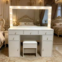 Coiffeuse blanche avec miroir éclairé, grands tiroirs de rangement, tabouret rembourré, ensemble moderne pour chambre à coucher