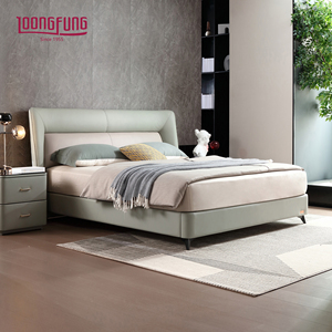 Lit plateforme en bois <span class=keywords><strong>de</strong></span> pin massif écologique LOONGFUNG avec tête <span class=keywords><strong>de</strong></span> lit rembourrée en cuir véritable, lit <span class=keywords><strong>de</strong></span> luxe pour chambre principale - Product Image 1