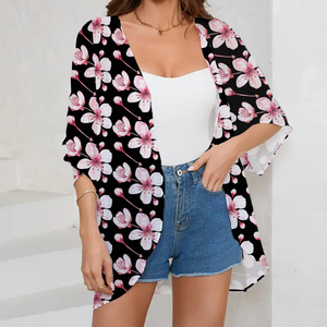 Kustom Apple-tree bunga cetak Puff lengan Kimono kardigan longgar penutup atas blus kasual atasan - Product Image 1