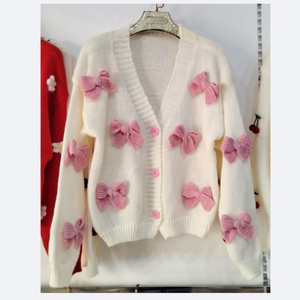 Nouveau <span class=keywords><strong>cardigan</strong></span> en tricot rose 3D à nœud pour <span class=keywords><strong>femme</strong></span>, pull <span class=keywords><strong>court</strong></span> ample à manches longues, chic et élégant - Product Image 6