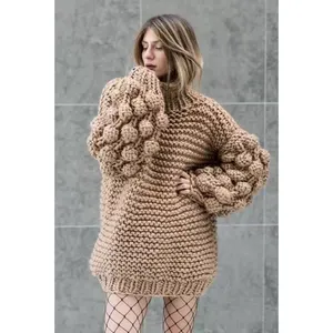 VSCOO ready to ship loose pullover women crew neck knitted puff sleeve chunky ball hand sweater