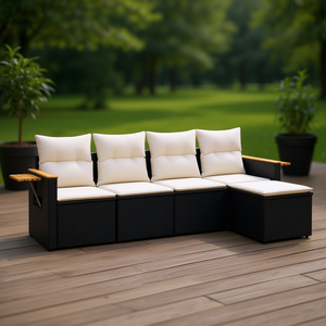 Set Divano da Giardino Nero e Crema per Patio, Arredamento Moderno in Rattan per Esterni, 6 Posti - Product Image 2