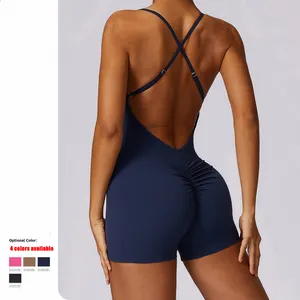 Hot Sale Women Fitness Bodysuit Short Onesie Hollow Out Back Quick Drying Slim Breathable Gym Yoga Jumpsuit