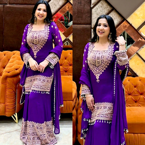 Purple Embroidered Polyester Floor-Length Regular Fit Salwar Kameez <b>Women</b> <b>Kurta</b> Pant Set Traditional Indian Pakistani Outfit - Product Image 1