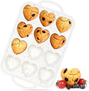 Molde para Pastel y Muffins de Silicona en Forma de Corazón, con Marco Metálico Reforzado, Antiadherente, Libre de BPA, 12 Cavidades, Marca MUYULINS - Product Image 1