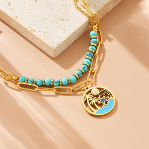 Fashionable Turquoise Beaded Double Layer Chain Stainless Steel Marine Life Pendant Necklace <b>Bracelet</b> <b>Set</b> Women's Party Jewelry - Product Image 3