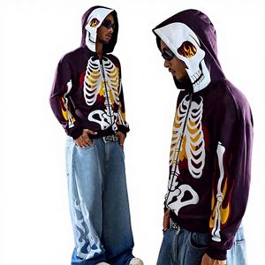 Sudadera con Capucha Extra Grande Personalizada de Otoño, 500 g/m², con Cierre, Bordado 3D, Diseño Gráfico Digital de Calavera de Halloween - Product Image 1