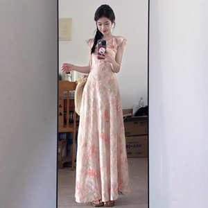 Robe longue décontractée pour femme, style coréen, imprimé floral, col en V, taille empire, pour le quotidien, été 2026 - Product Image 1