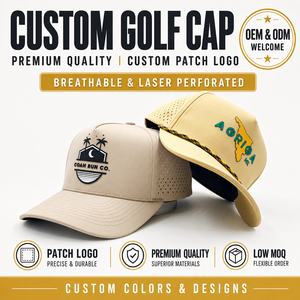 High End 5 Panel Solid Waterproof Golf <b>Cap</b> Custom Silicone Logo Low MOQ OEM Laser Perforated Polymer Patch Stitching Apparel - Product Image 1