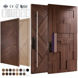 Puertas de Entrada de Madera Color Nogal Estilo Europeo, Puertas Pivotantes Exteriores, Puerta Principal con Manija Larga, Puertas de Entrada Modernas para Casa - Product Image 1