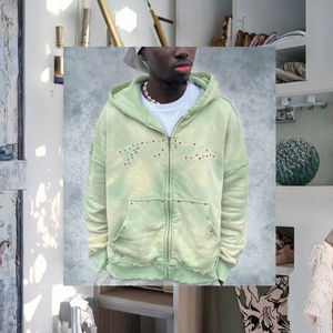 Sudadera con Capucha Personalizada de Marca Privada para Hombre, Estilo Vintage, Talla Grande, 500GSM, Felpa de Algodón, Cierre de Cremallera, Lavado Ácido, Desgastada, Decolorada por el Sol, con Pedrería - Product Image 3