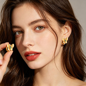 Butterfly Huggie <b>Earrings</b> Gold Plated With Zirconium 925 Silver Ear <b>Posts</b> Party Jewelry - Product Image 2
