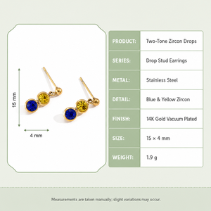 Boucles d'oreilles pendantes en zircon bleu et jaune, en acier inoxydable plaqué or 14 carats sous vide, bijoux minimalistes à deux pierres - Product Image 2
