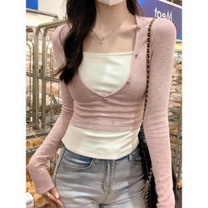 T-shirts à manches longues respirants pour femmes, couleur printemps-automne, col semi-ouvert, finition délavée, bas ajusté, superposé, bleu et <span class=keywords><strong>blanc</strong></span> - Product Image 3