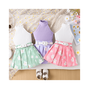 เสื้อผ้าเด็กขายส่ง เสื้อแขนกุดคอ halter สีพื้น กระโปรงจีบพิมพ์ลายพร้อมเข็มขัด ชุดเด็กผู้หญิงสำหรับฤดูร้อน - Product Image 1