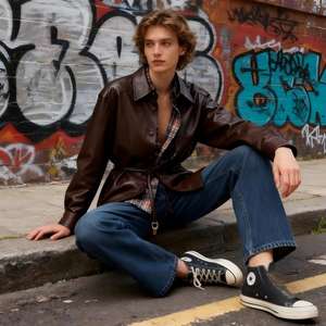 Chaqueta Camisa Unisex de PU Marrón Oscuro con Cinturón Ajustable - <span class=keywords><strong>Abrigo</strong></span> Casual para el Trabajo - Product Image 5