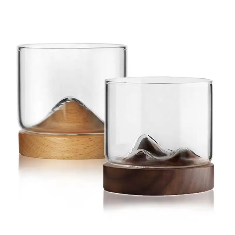 Factory Customized Japanese Mountain Whiskey Wine Glasses Wooden Base Rocks Beer Glass Cup Set Bar Drinkware